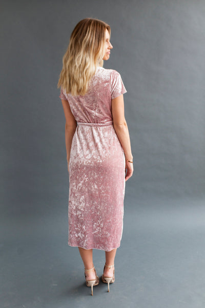 light pink velvet dresses Pink Velvet Long Sleeve Maxi Dress