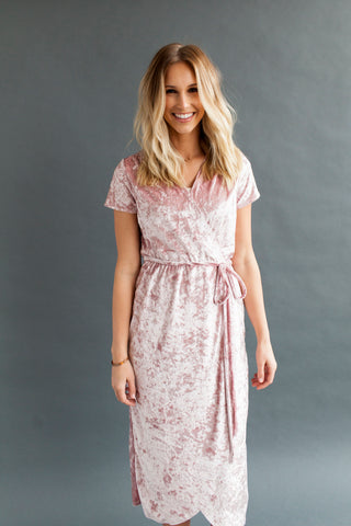 Velvet Wrap Front Dress - Pink