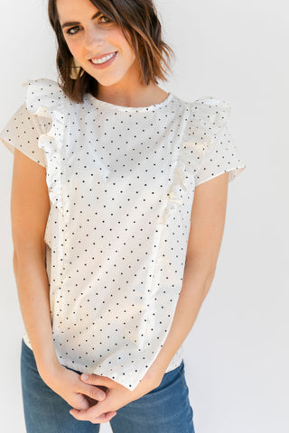 The Ruffle Top - White + Black Dot