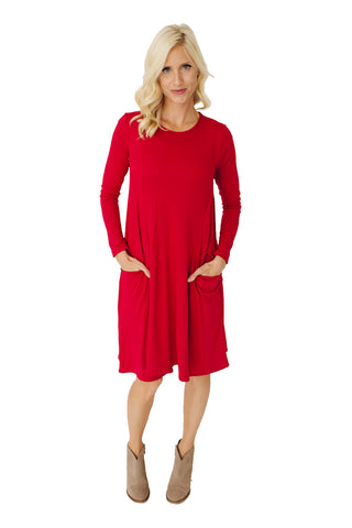 Long Sleeve Swing Nursing Dress - Red